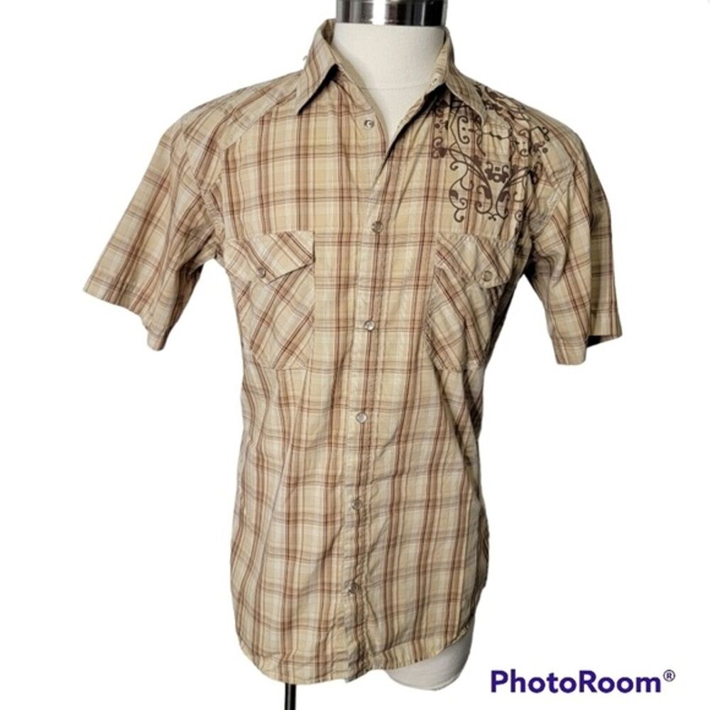 Demand Western brown plaid short sleeves shirt Size M button up casual - Picture 4 of 8